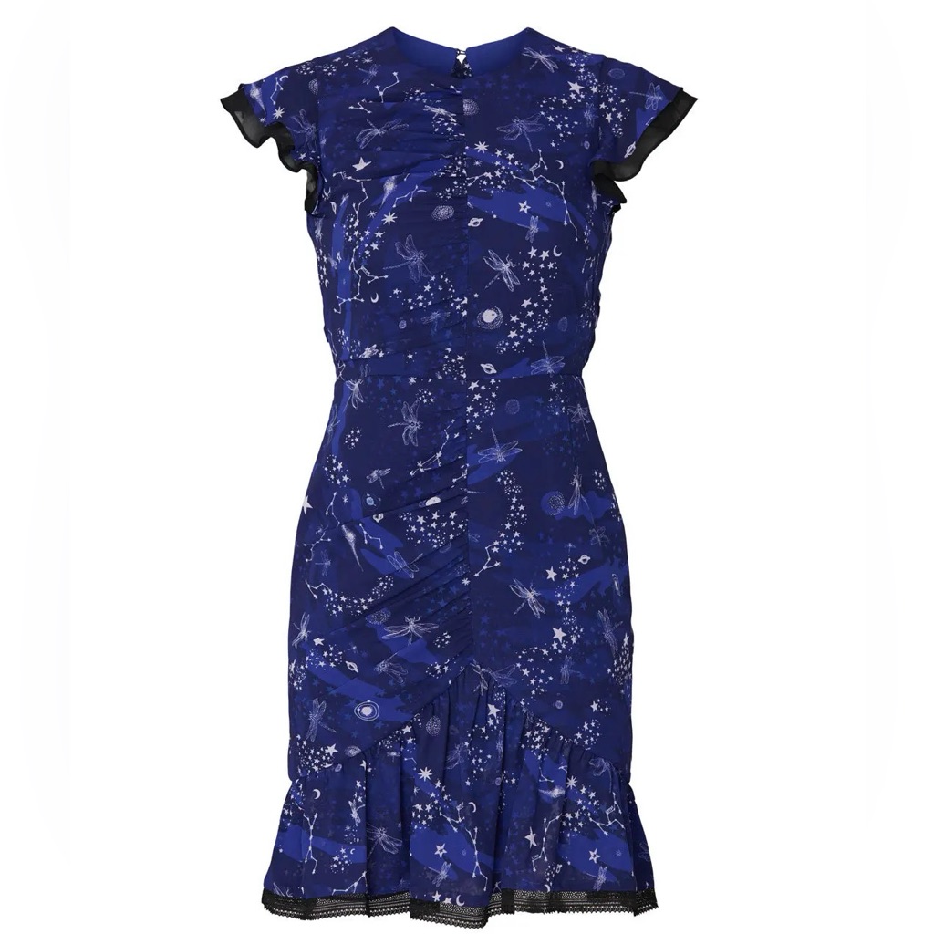 Three Floor Afterglow Blue Asymmetric Ruffle Trim Open Back Midi Dress - Size 6